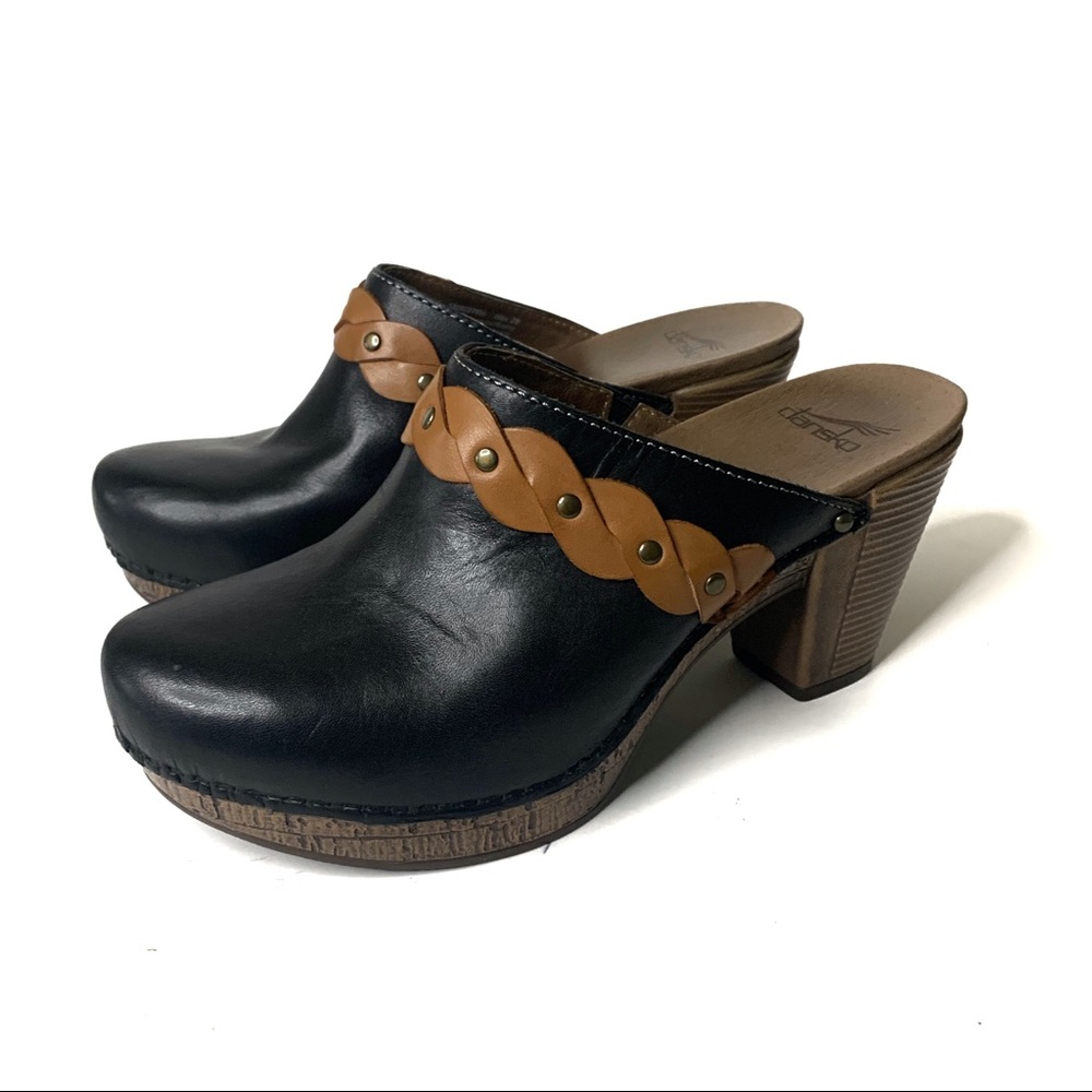 DANSKO Rach Women's Black Leather Mule Heeled Studded Two Tone Sandals